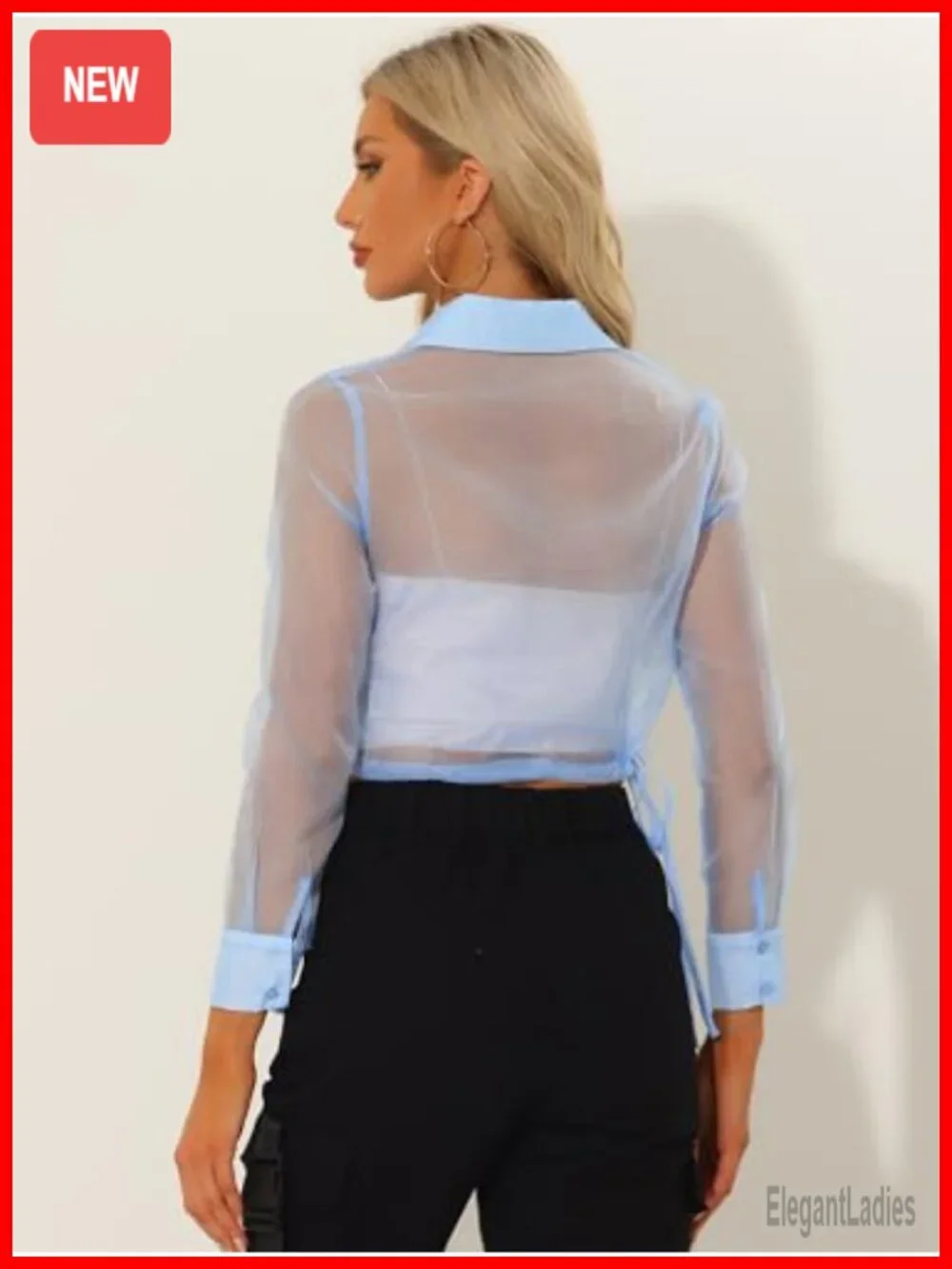 Sheer Long Sleeve Crop Jacket Button Down Drawstring Hem Mesh